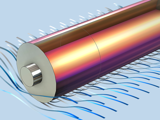 A detailed view of the temperature and flow of a cylindrical battery model.