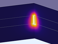 A zoomed-in view of a model with a cylinder shown in yellow surrounded by a Heat Camera color gradient.