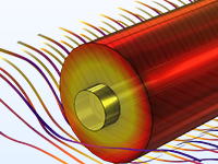 A cylindrical battery model in copper and black with flow beneath the battery shown as streamlines in the Heat Camera color table.