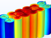 由 12 个圆柱形电池组成的电池组模型，其中以彩虹色显示温度。