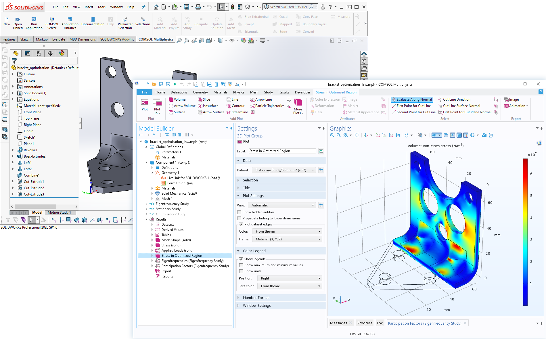 The SOLIDWORKS UI is shown in the background with a gray bracket model geometry and the COMSOL Multiphysics UI is shown in the foreground with the optimized bracket model in the Graphics window and the stress visualized in rainbow.