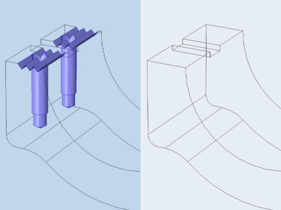 具有和不具有槽和孔的 CAD 几何特写视图并排显示以进行比较。