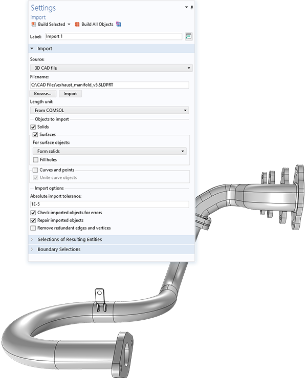“导入”节点“设置”窗口的特写视图和排气歧管的 CAD 模型。