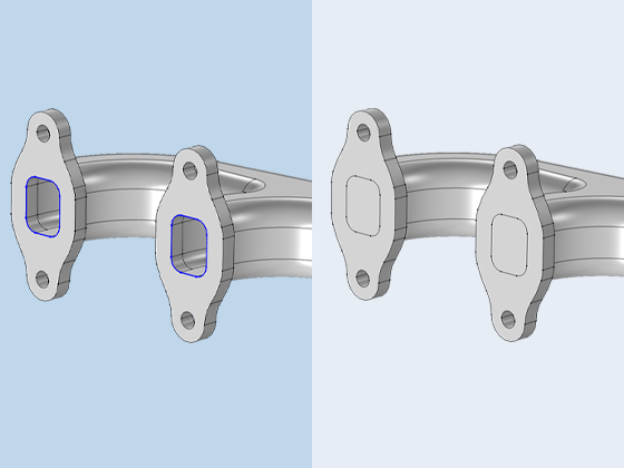 Close up of a CAD geometry shown in a side-by-side comparison with and without capped faces.