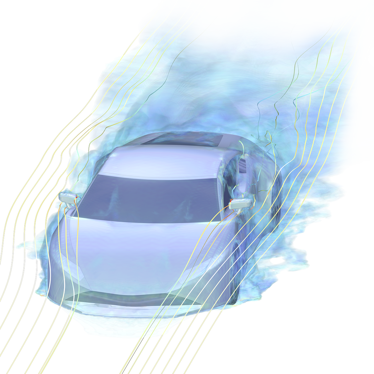 Modello di un'auto sportiva con due specchietti laterali e due portiere con linee di flusso gialle che mostrano il campo di flusso dalla parte anteriore a quella posteriore dell'auto.