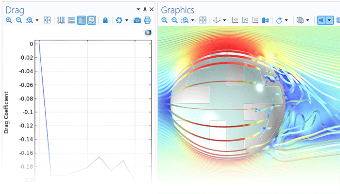 Visualizzazione in primo piano di un grafico di trascinamento 1D e del modello di un pallone da calcio nella finestra Graphics.