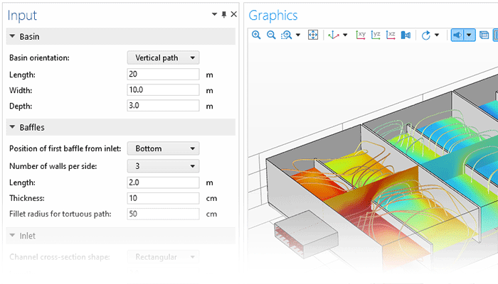 Visualizzazione in primo piano delle impostazioni di input in un'app di simulazione e del modello di un bacino di trattamento dell'acqua nella finestra Graphics.