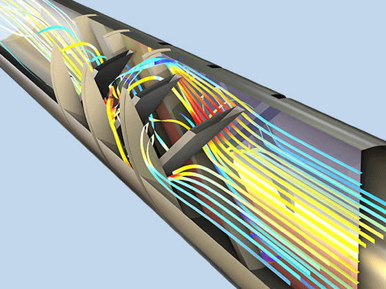 Visualizzazione dettagliata di un cilindro in un canale con l'intensità della velocità e il flusso.
