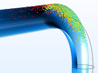 Visualizzazione in dettaglio di un modello di un tubo a gomito che mostra la velocità sotto forma di particelle.