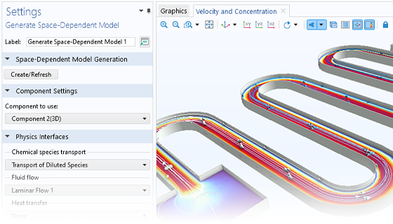 The COMSOL Multiphysics UI showing the Model Builder with the Generate Space-Dependent Model node selected, the corresponding Settings window, and the concentration of a tortuous reactor in the Graphics window shown in the AuroraBorealis color table.