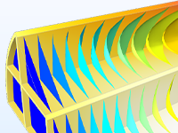 Модель монолитного нейтрализатора, на которой показаны распределения коэффициента конверсии с использованием цветовой палитры Rainbow, и температуры с использованием цветовой палитры Heat Camera.