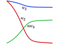 Eine Detailansicht von drei Linien aus einem 1D-Plot mit Anmerkungen, die Massenanteile für H2, N2 und NH3 zeigen.