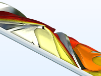 A close-up view of a laminar static mixer with an isosurface plot showing the concentration.