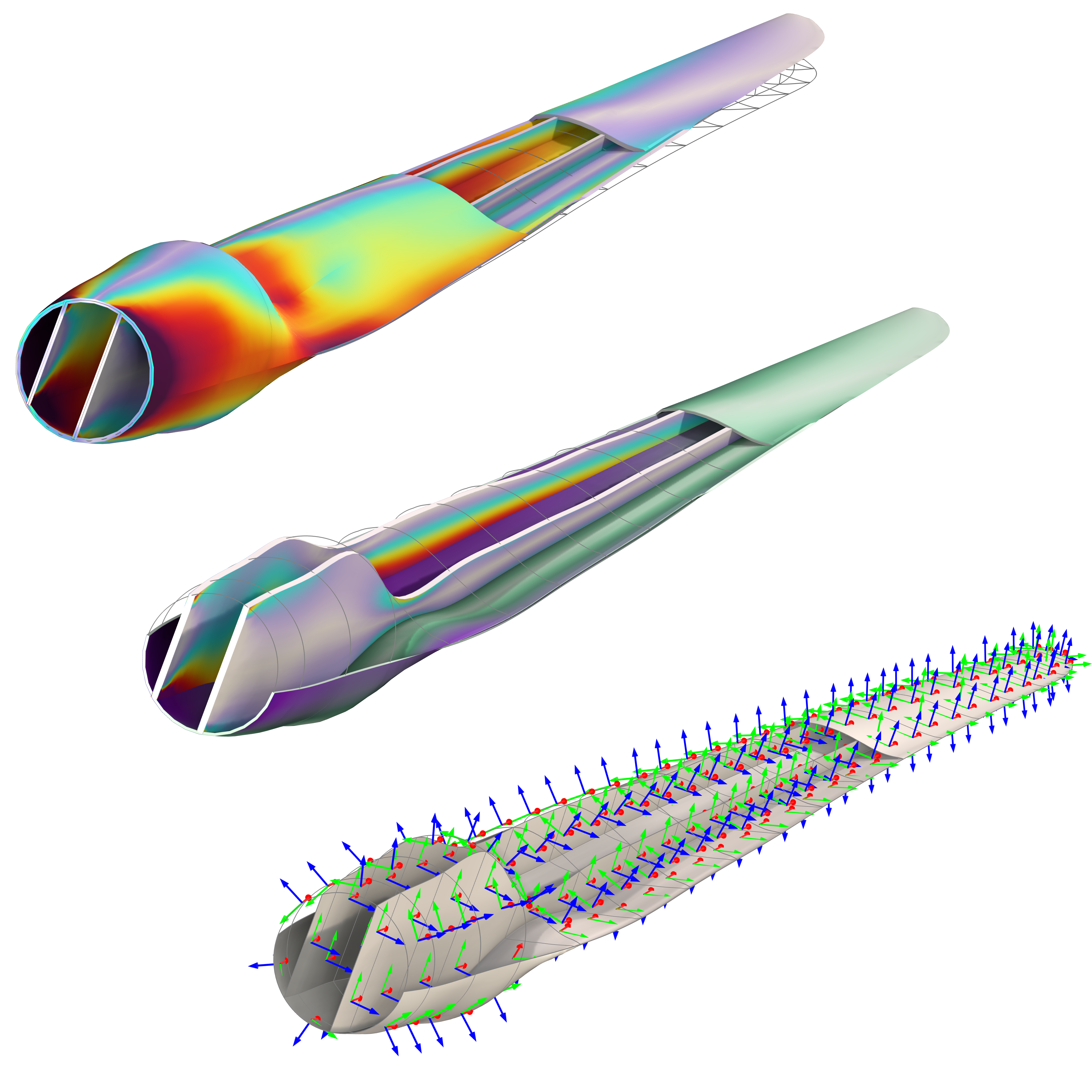 Tre pale di una turbina eolica che mostrano lo stress sulla pelle (a sinistra), lo stress sui longheroni (al centro) e il sistema di coordinate locali dello shell (a destra).