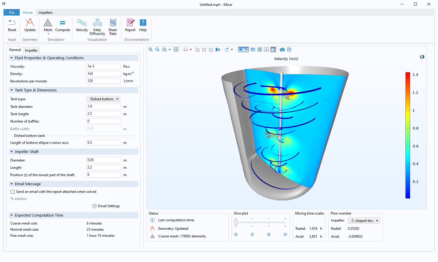 Une application de simulation compilée pour analyser différents designs de mélangeurs, qui comprend un ruban de commandes en haut, des champs de saisie à gauche et les résultats de la simulation à droite.