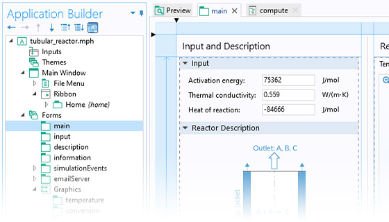 A closeup view of the Application Builder tree and the Form Editor.