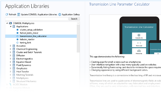 Eine Detailansicht der Application Libraries und ein Beispiel für eine Simulations-App auf der rechten Seite.