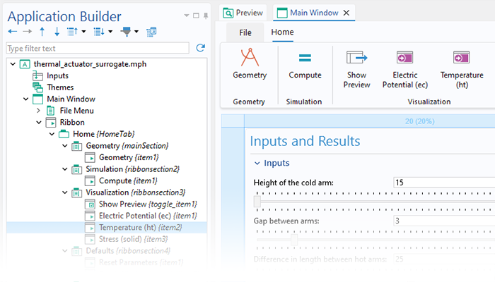 A close-up view of the Application Builder tree and the Main Window Editor.