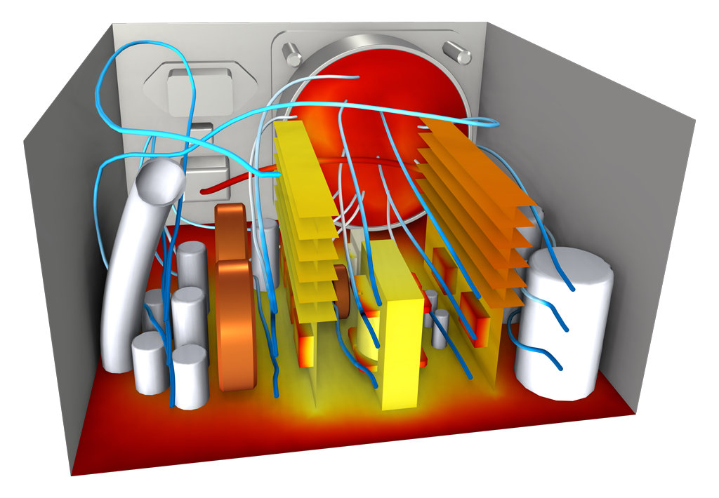 Визуализация распределение температуры в блоке питания персонального компьютера с помощью цветовой шкалы Thermal, а также линии тока воздуха.