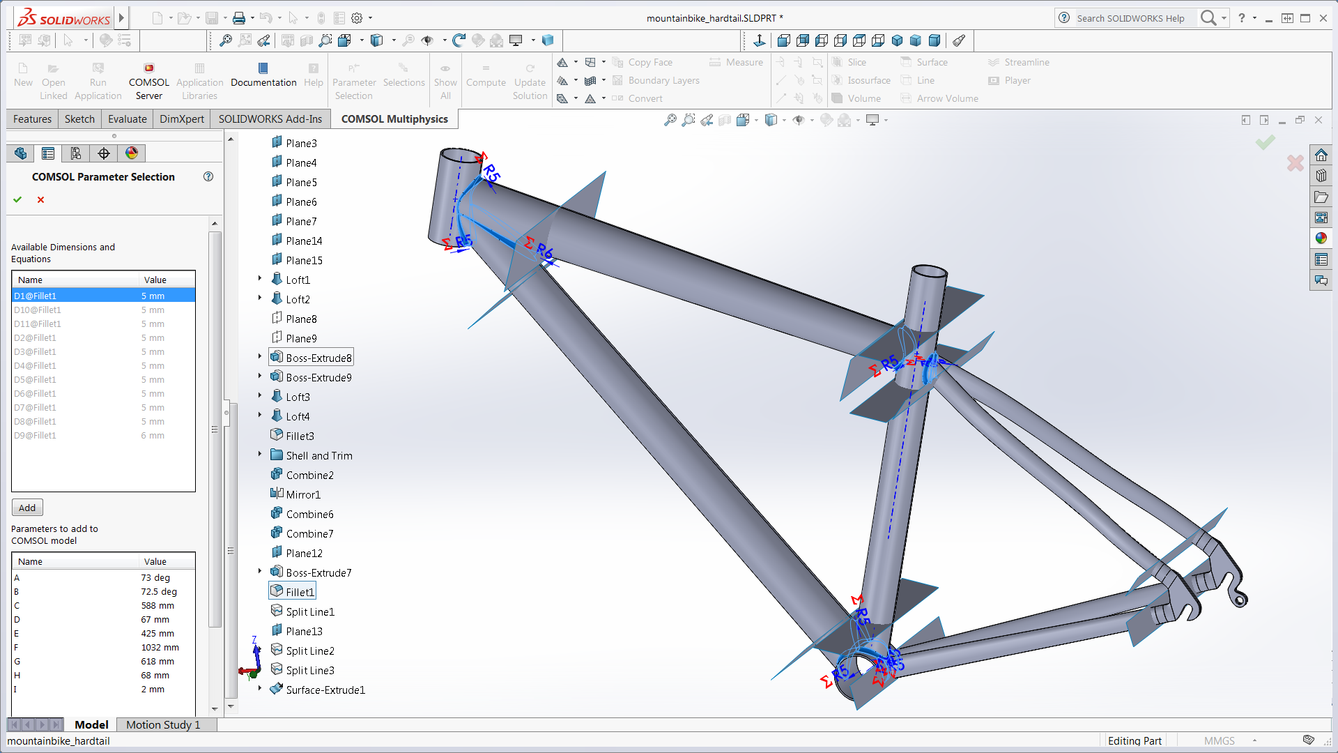 The CAD design of a bike frame in the SOLIDWORKS software.