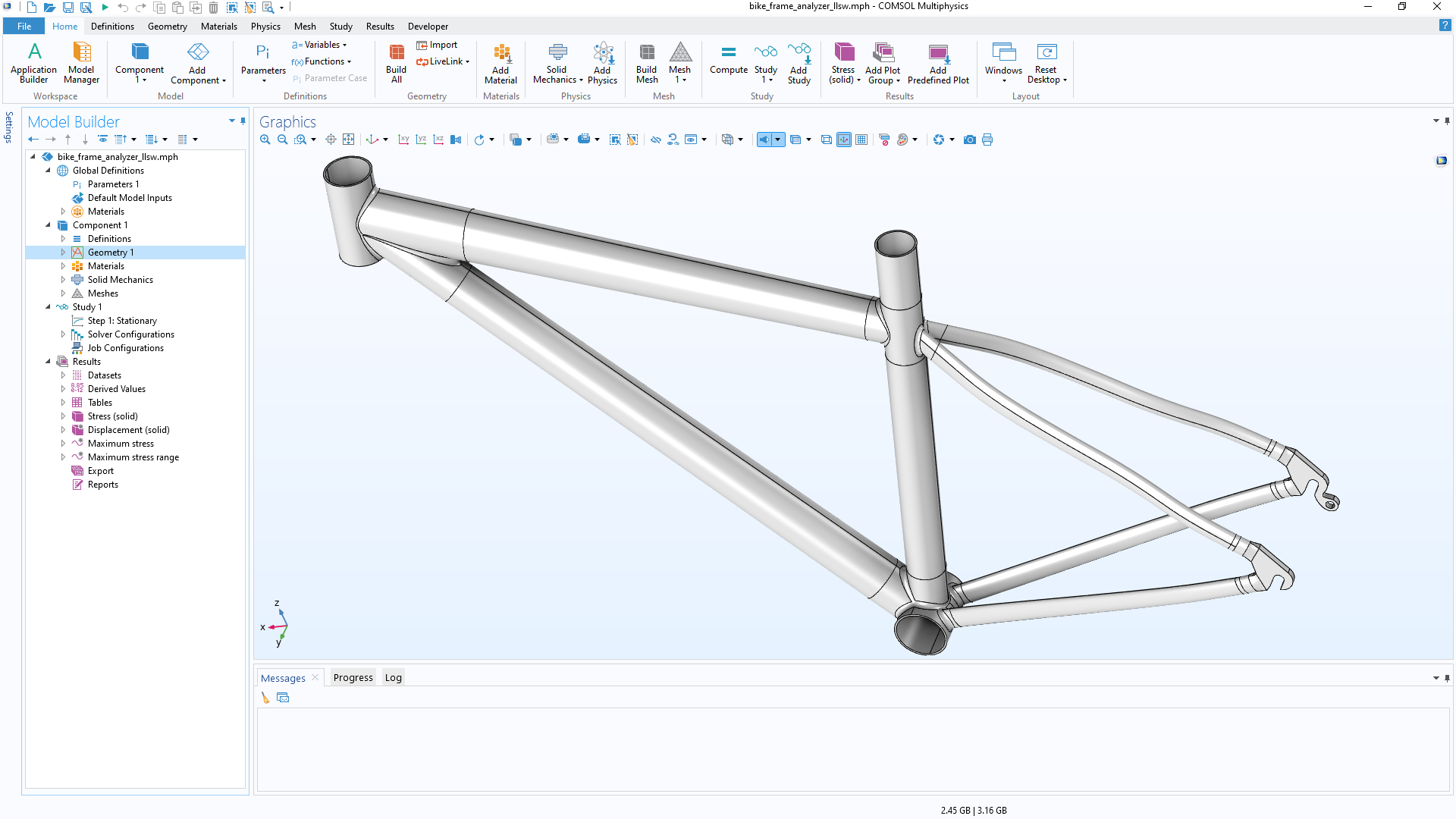 The geometry of a bike frame after being imported into COMSOL Multiphysics from CAD software.