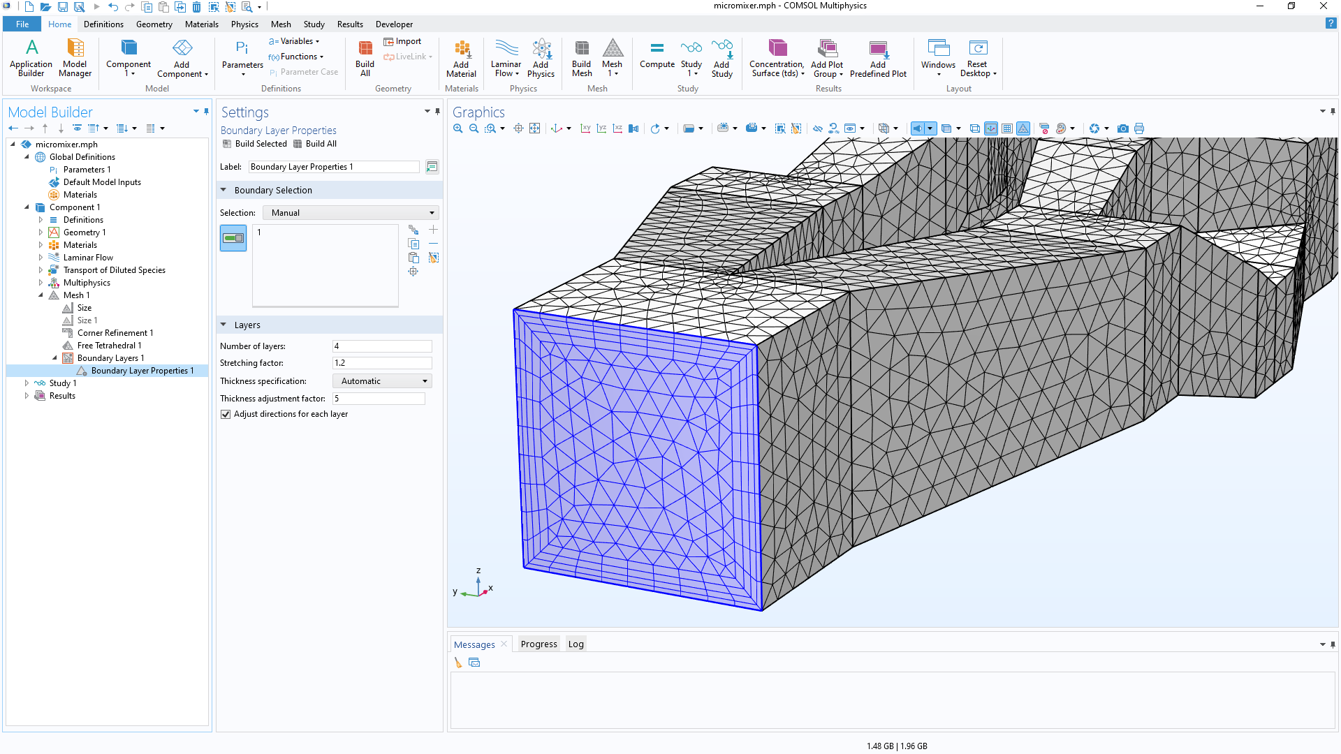 An example of a model with a semiautomated mesh containing boundary layers made with COMSOL Multiphysics.
