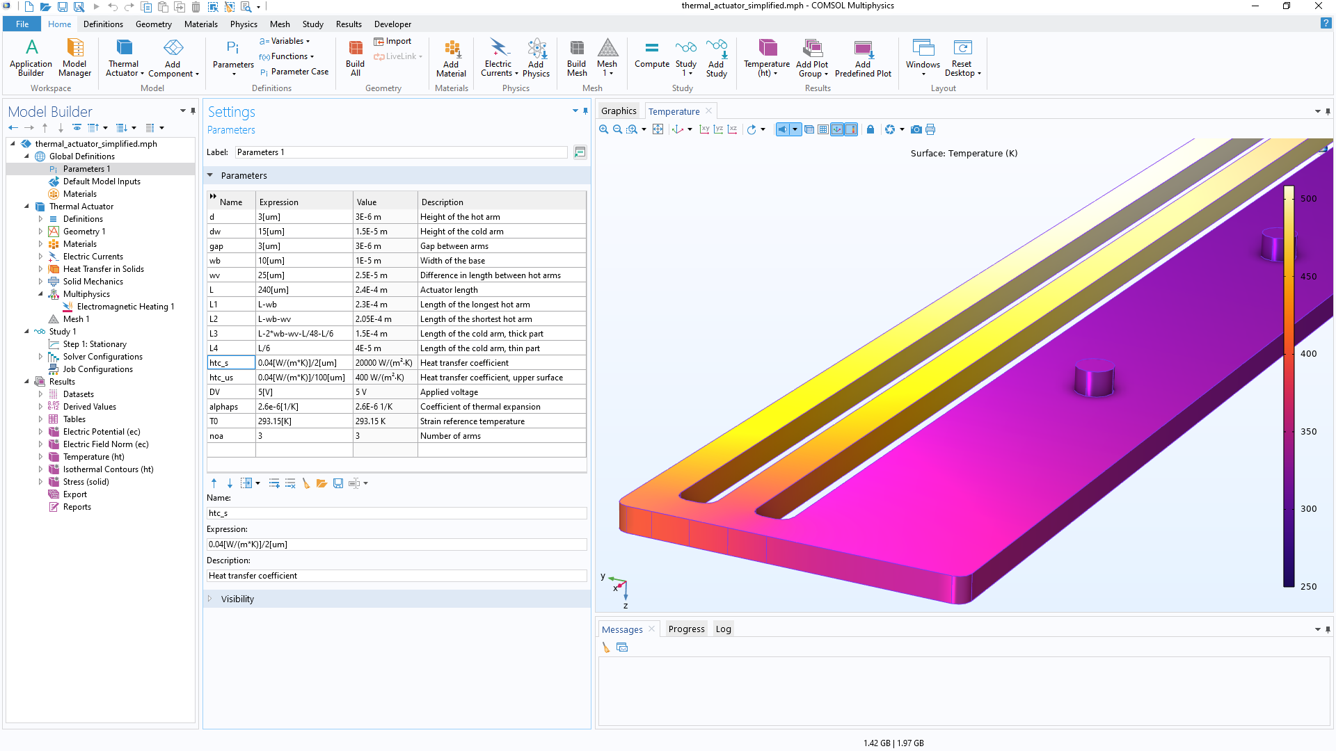 A screenshot of a model that has been made parametric in COMSOL Multiphysics.