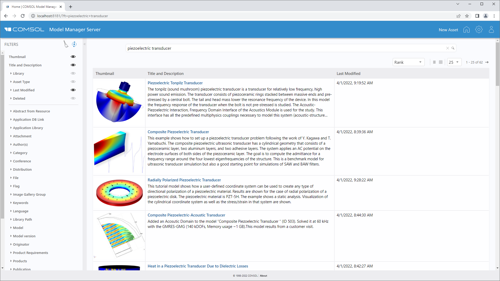 L'interfaccia web del Model Manager server per la gestione delle risorse relative ai progetti di modellazione e simulazione.