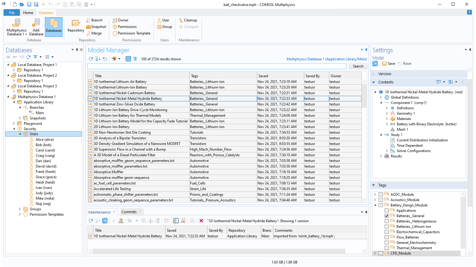 Interfaccia utente di COMSOL Multiphysics che mostra un elenco di utenti per un database Model Manager.