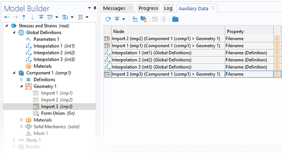 Скриншот окна Auxiliary Data и дерево модели.

