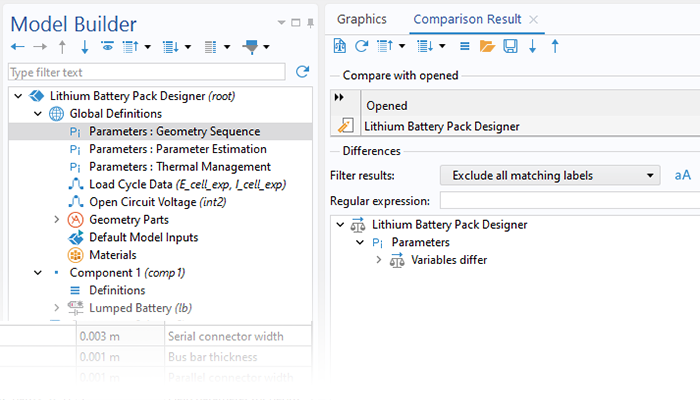 A close-up view of the Model Manager with a lamella mixer model selected and the Comparison Result window to the right.