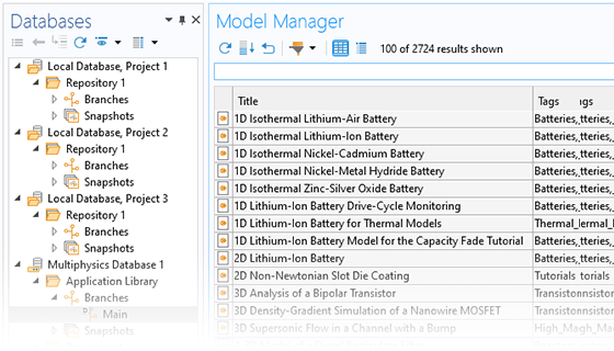 Visualizzazione in primo piano del Model Manager con un elenco di database a sinistra.