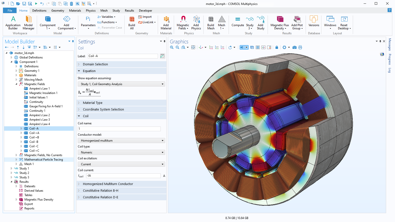 The COMSOL Multiphysics UI showing the Model Builder with a Coil node highlighted, the corresponding Settings window, and a permanent magnet motor model in the Graphics window.