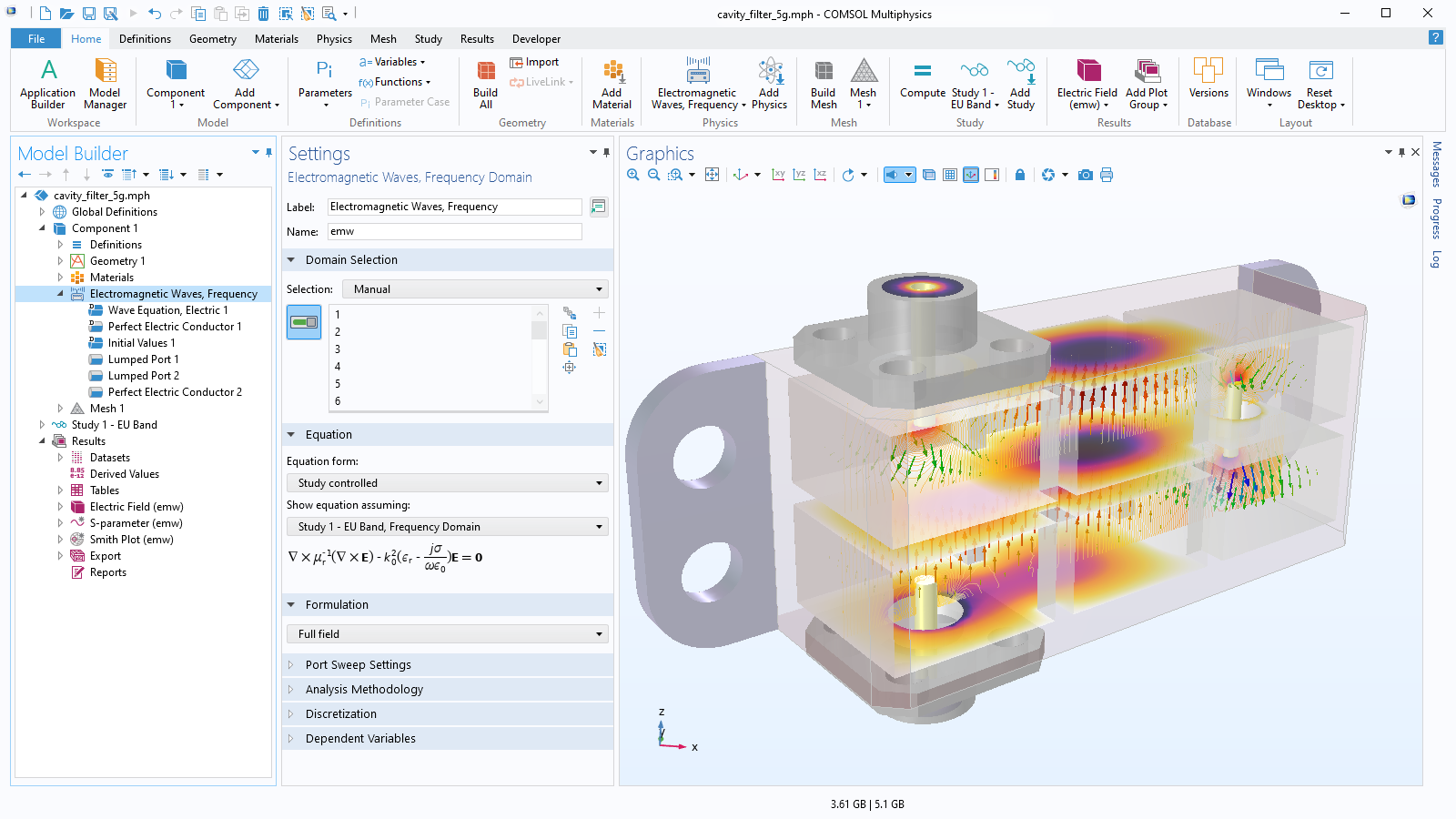 The COMSOL Multiphysics UI showing the Model Builder with the Electromagnetic Waves, Frequency Domain node highlighted, the corresponding Settings window, and a cavity filter model in the Graphics window.