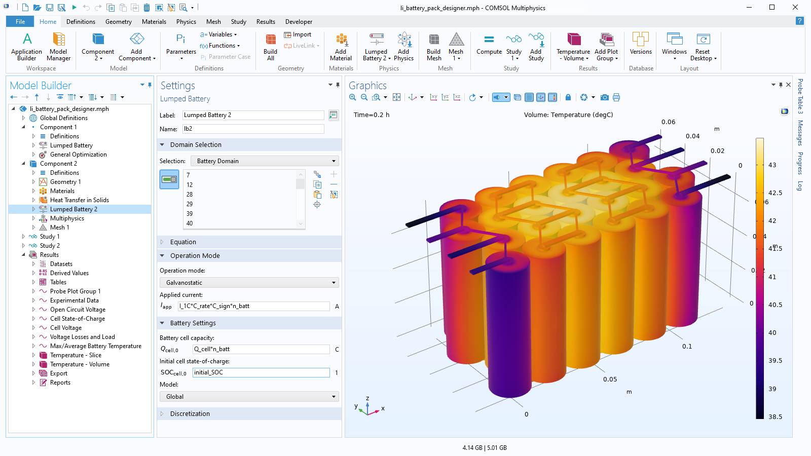 The COMSOL Multiphysics UI showing the Model Builder with the Lumped Battery node highlighted, the corresponding Settings window, and a battery pack model in the Graphics window.