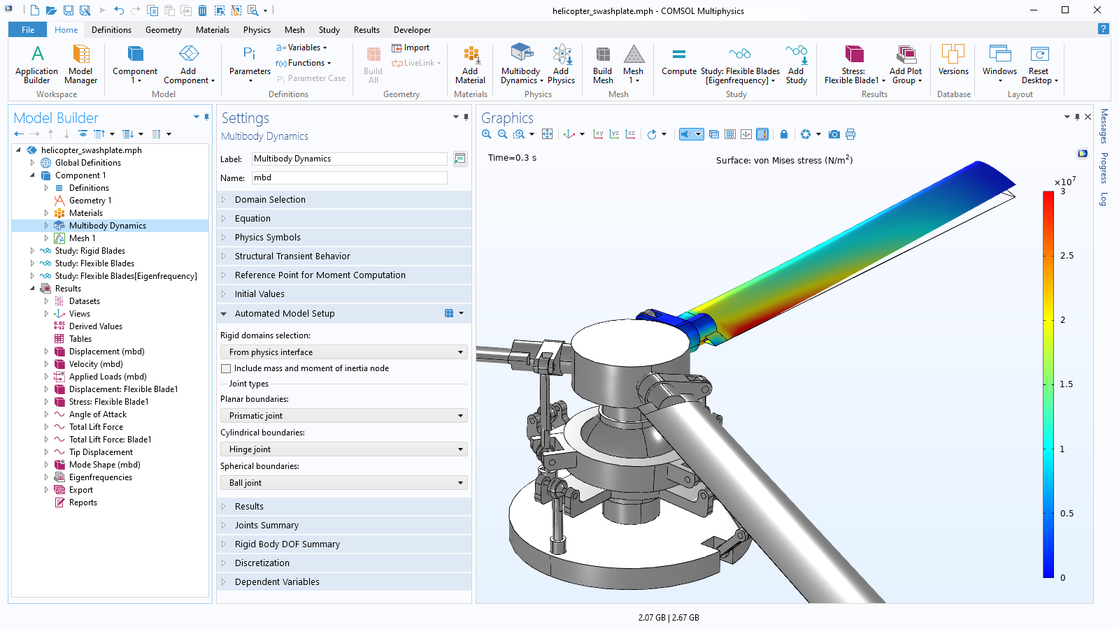 The COMSOL Multiphysics UI showing the Model Builder with the Multibody Dynamics node highlighted, the corresponding Settings window, and a helicopter swashplate model in the Graphics window.