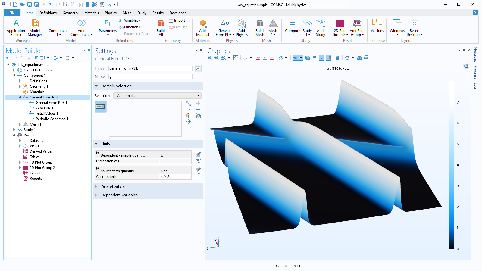 The COMSOL Multiphysics UI showing the Model Builder with the General Form PDE node highlighted, the corresponding Settings window, and the results of a soliton collision in the Graphics window.