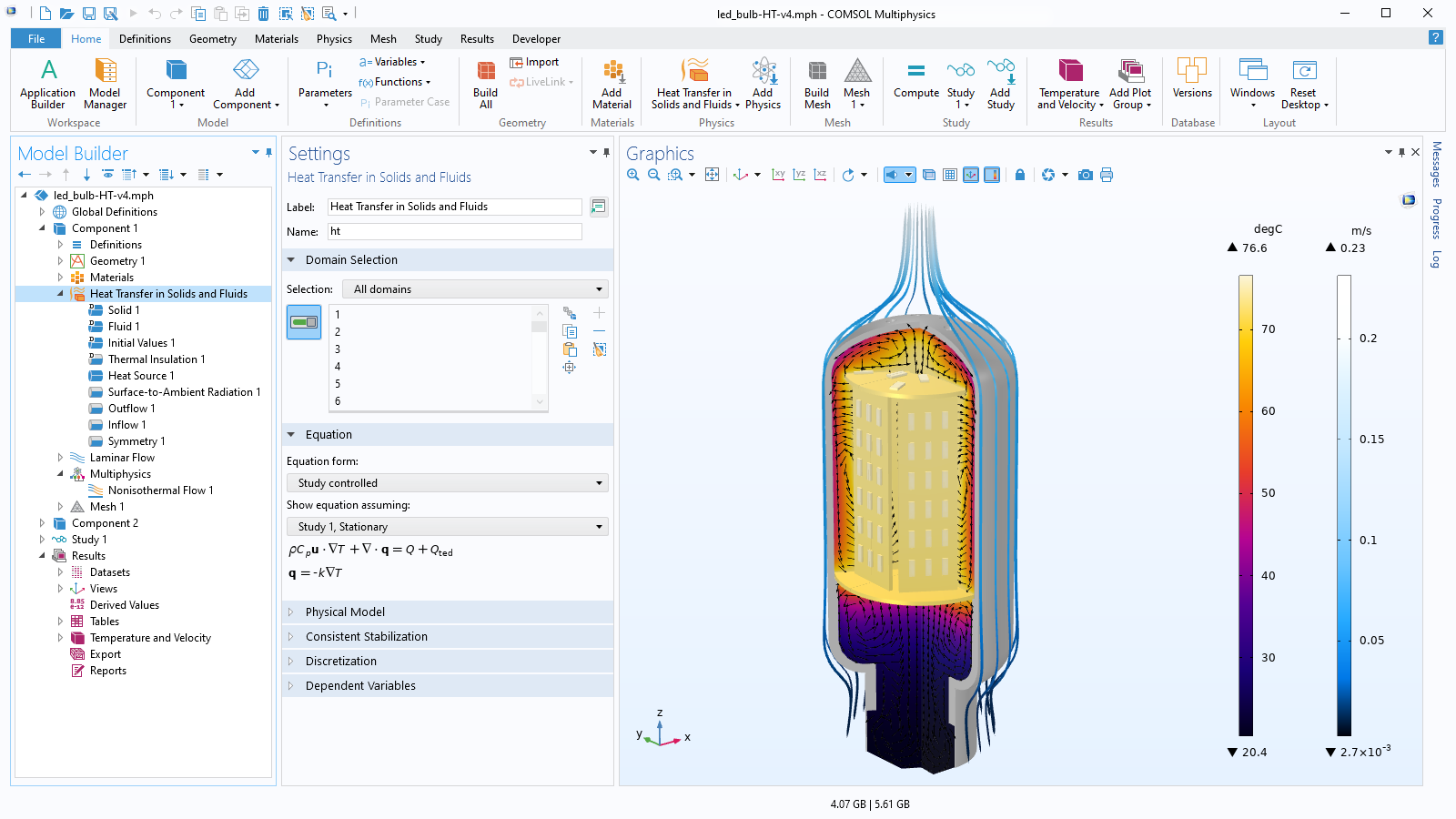 The COMSOL Multiphysics UI showing the Model Builder with the Heat Transfer in Solids and Fluids node highlighted, the corresponding Settings window, and an LED bulb model in the Graphics window.