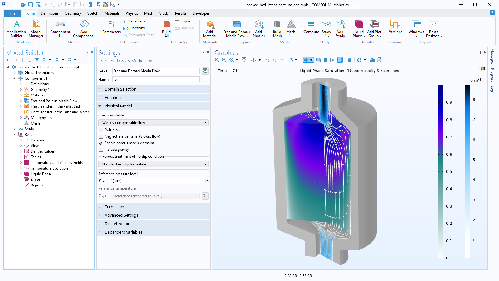 The COMSOL Multiphysics UI showing the Model Builder, the Settings window for the Free and Porous Media Flow interface, and a packed bed latent heat storage model in the Graphics window.
