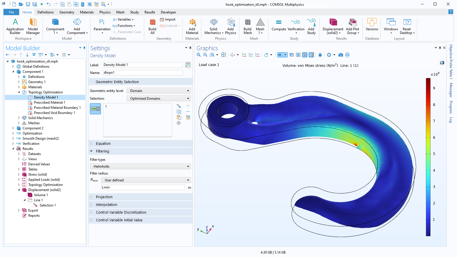 The COMSOL Multiphysics UI showing the Model Builder with the Density Model node highlighted, the corresponding Settings window, and an optimized hook model in the Graphics window.