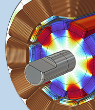 特写视图3D永久磁铁电动机模型，用铜线圈和彩虹芯可视化。