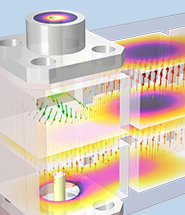Visualizzazione in primo piano di un modello di filtro a cavità che mostra il campo elettrico all'interno delle cavità nella tabella colori di una termocamera.