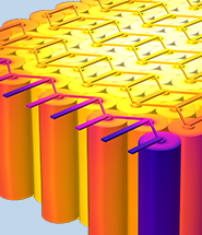 电池组模型的特写视图，其中用 HeatCamera 颜色表显示温度。
