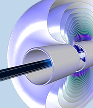 Vue rapprochée d'un modèle de lentille Einzel montrant les trajectoires des électrons passant par trois électrodes en gris et des graphiques d'isosurface du potentiel électrique dans la palette de couleurs Aurora Australis.