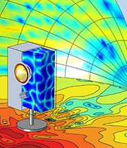 A closeup view of a loudspeaker model showing the pressure on the floor, wall, and inside a speaker cabinet in the Rainbow color table.
