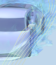 Скриншот модели спорткара с боковыми зеркалами, визуализированы линии тока воздуха вокруг автомобиля.