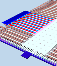 Eine Nahaufnahme eines mikromechanischen Beschleunigungsmessers, die einen Teil des elektrischen Potenzials im Disco-Farbspektrum zeigt.