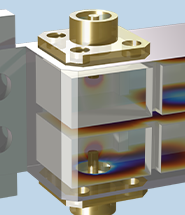 A close-up view of a cavity filter model showing the electric field inside of the cavities.