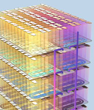 A close-up view of a battery energy storage system model showing the temperature of eight battery modules.