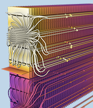 Nahaufnahme eines Modells einer LED-Glühbirne mit Angabe der Temperatur im Farbspektrum der Wärmebildkamera und schwarzen Pfeilen, die die Strömungsrichtung darstellen.